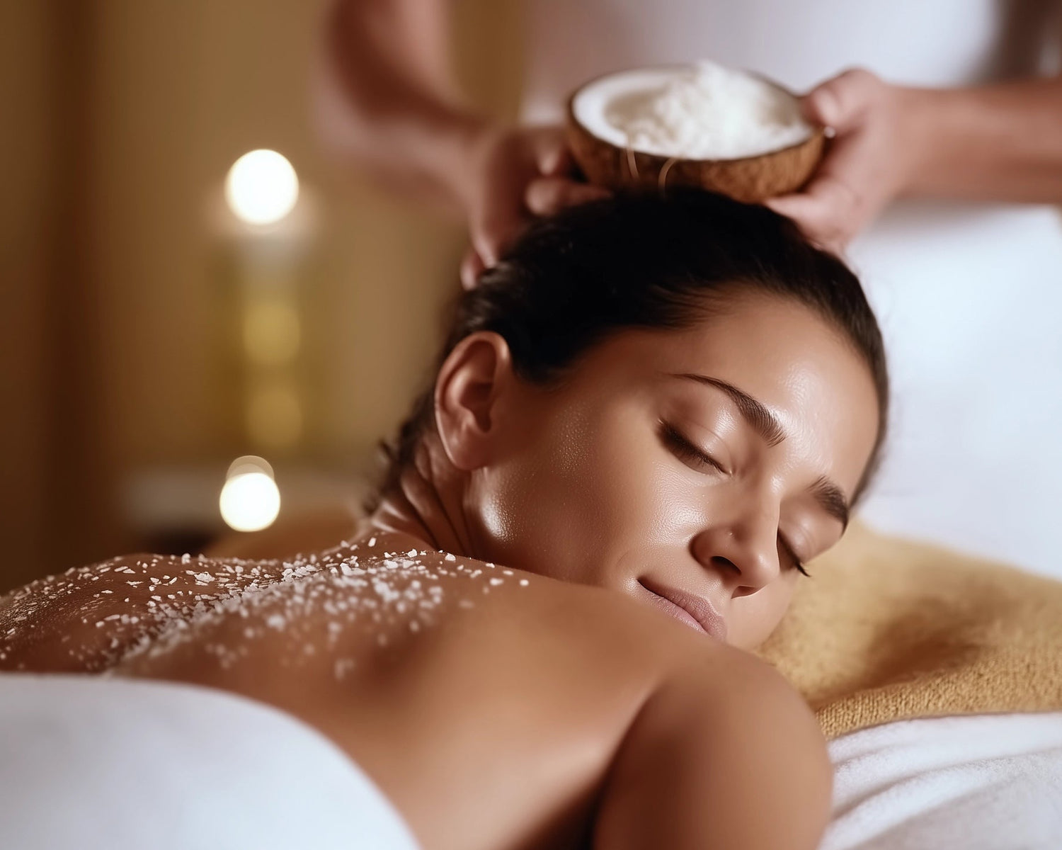 A person lying down on a massage table, with a massage therapist holding a bowl of coconut scrub above them.